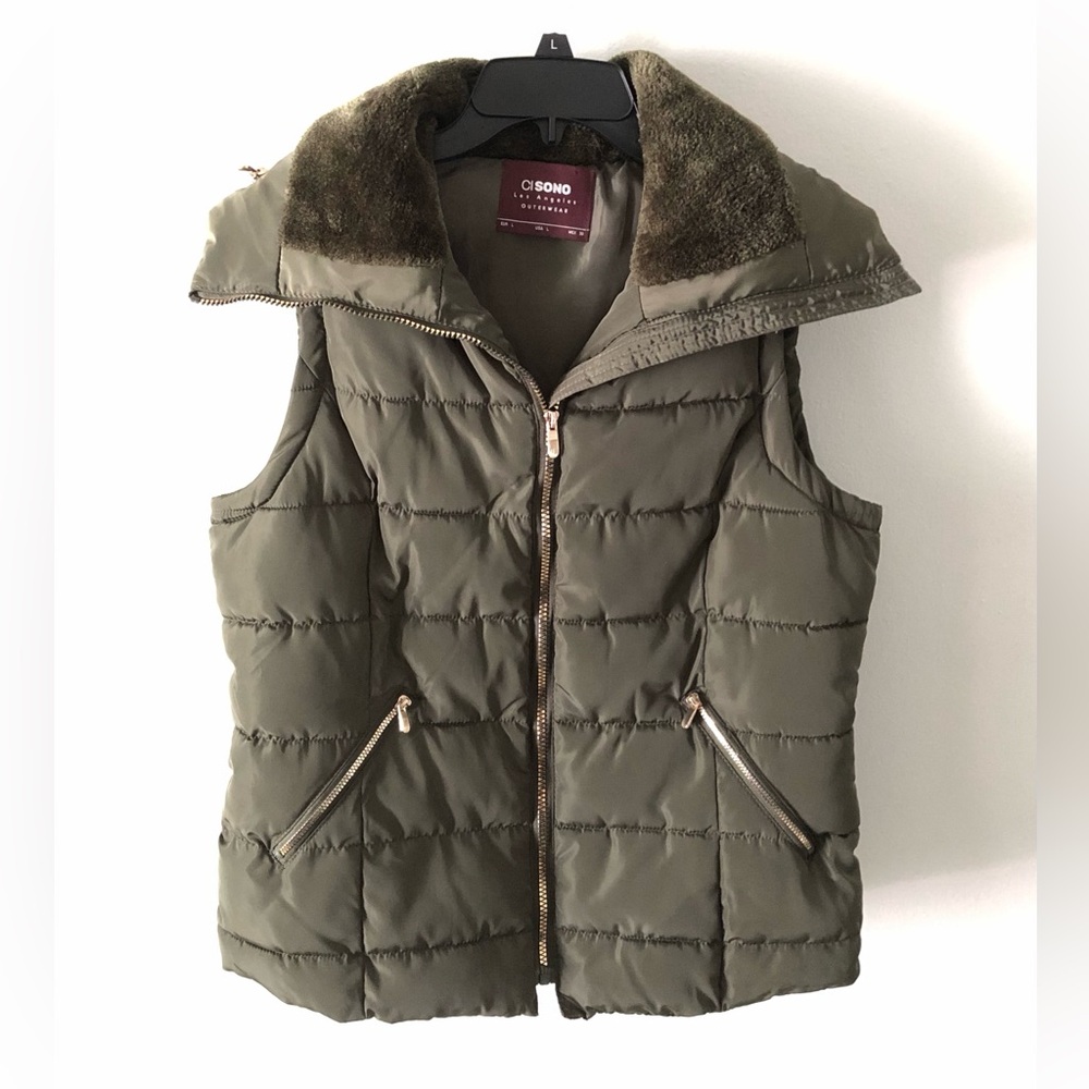 Ci Sono Olive Green Quilted Puffer Vest Faux Fur Jacket Large